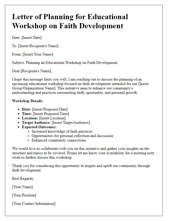 Letter template of educational workshop planning for faith development