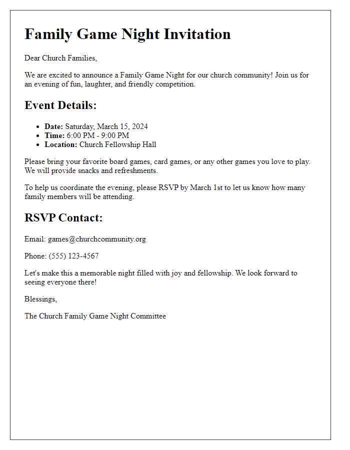 Letter template of family game night coordination for church families