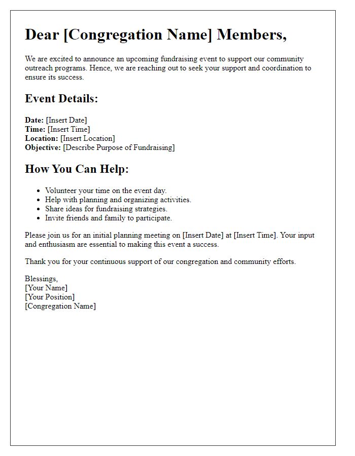 Letter template of fundraising event coordination for the congregation