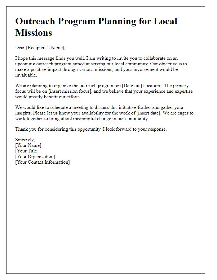 Letter template of outreach program planning for local missions