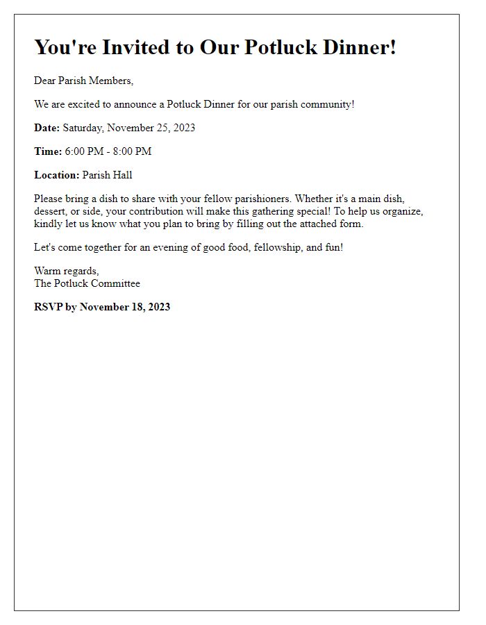 Letter template of potluck dinner organization for parish members