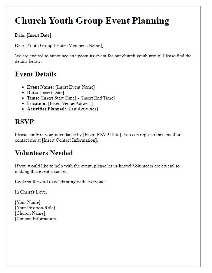 Letter template of youth group event planning for church youth