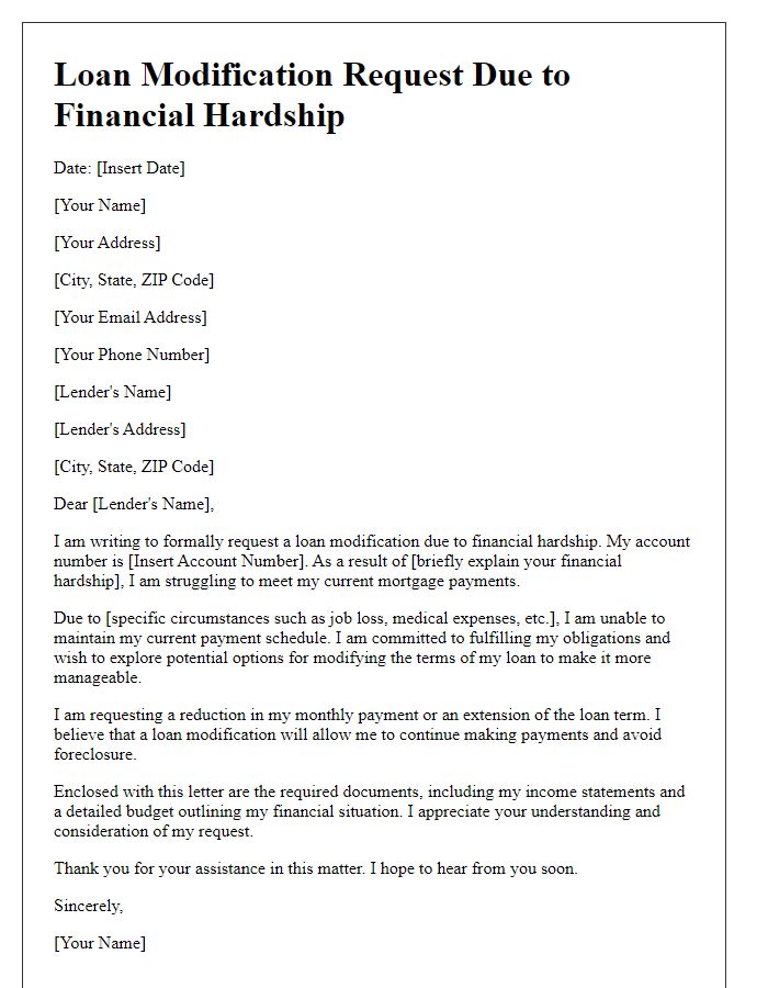 Letter template of Loan Modification Request Due to Financial Hardship