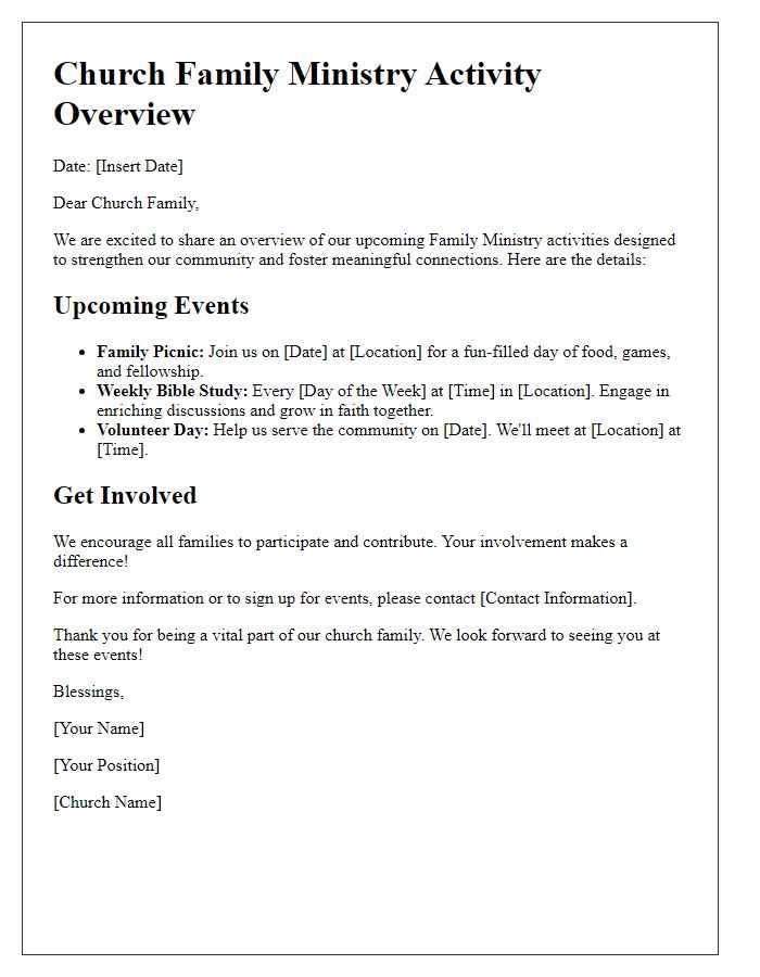 Letter template of church family ministry activity overview