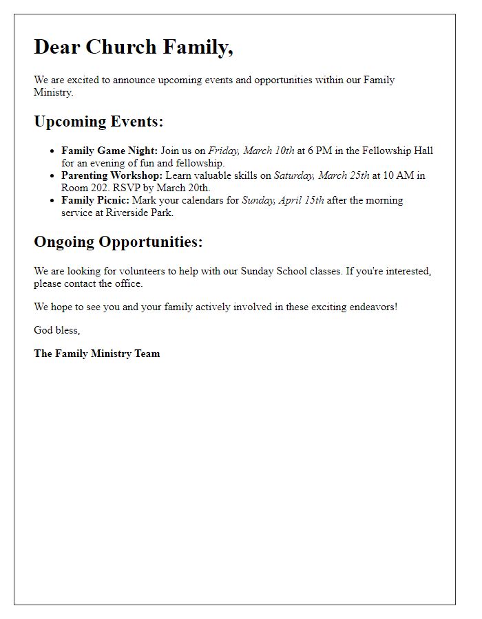 Letter template of church family ministry announcement