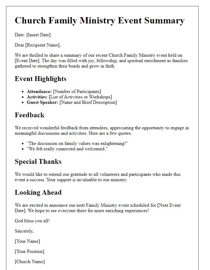 Letter template of church family ministry event summary