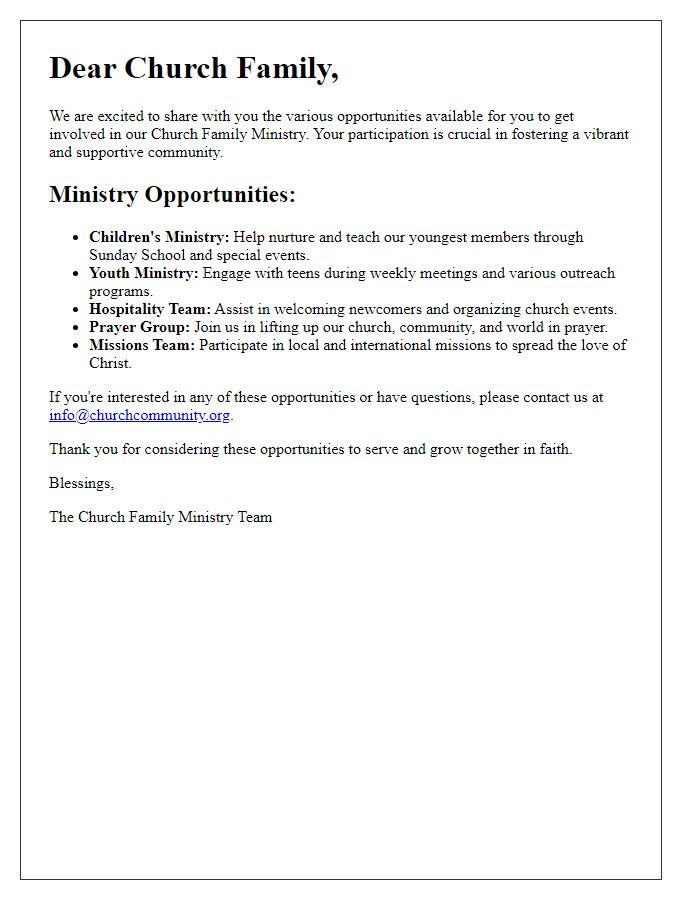 Letter template of church family ministry involvement opportunities