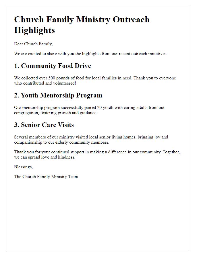 Letter template of church family ministry outreach highlights