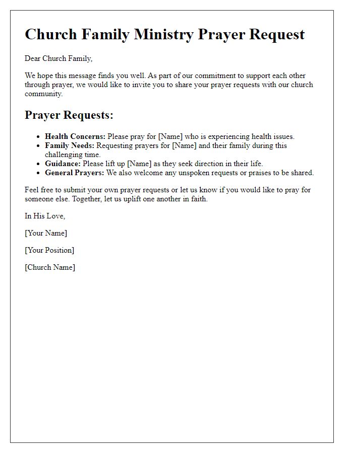 Letter template of church family ministry prayer requests