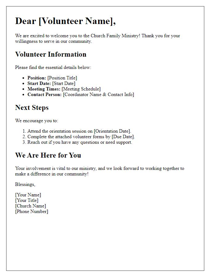 Letter template of church family ministry volunteer information