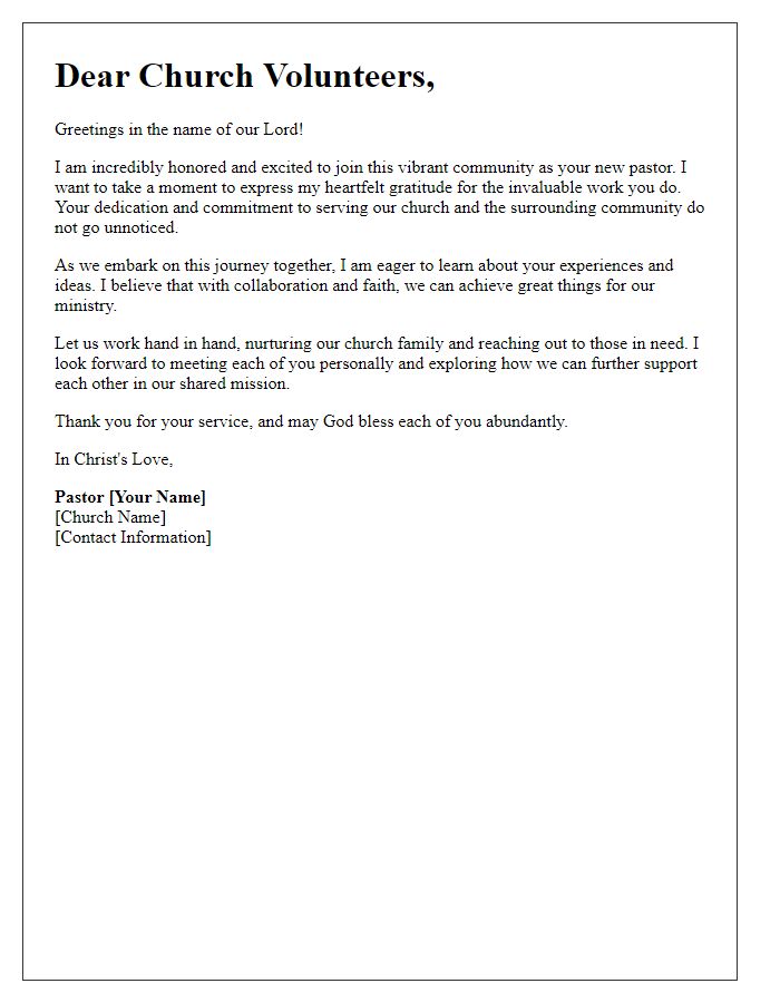 Letter template of message from new pastor to church volunteers