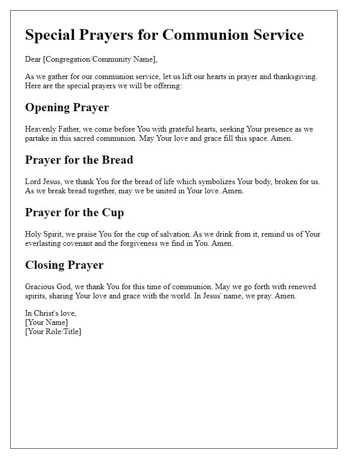 Letter template of special prayers during church communion service