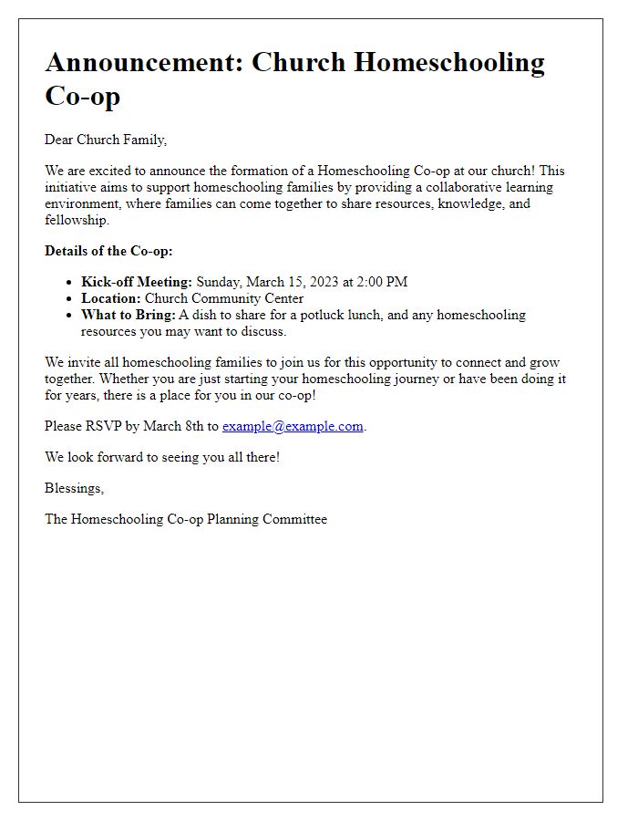 Letter template of announcement for church homeschooling co-op.