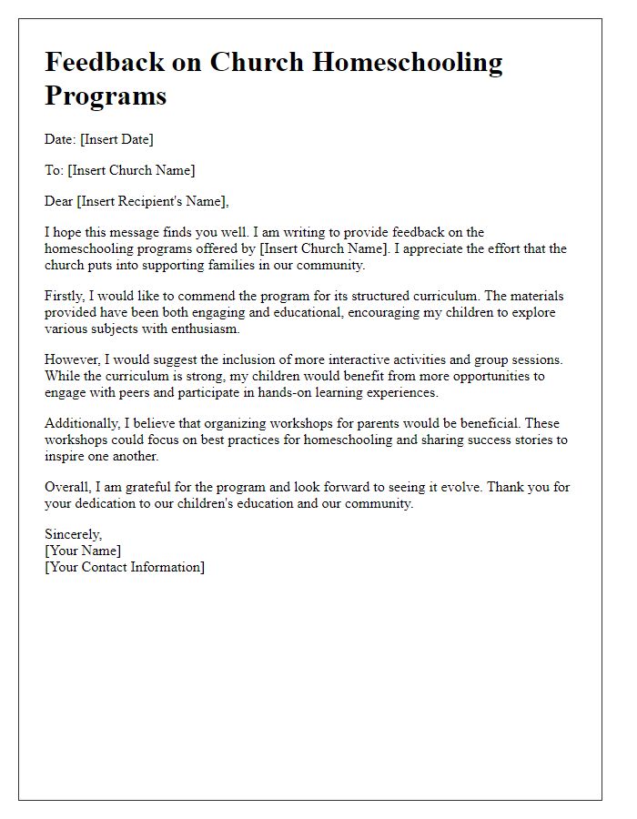 Letter template of feedback on church homeschooling programs.