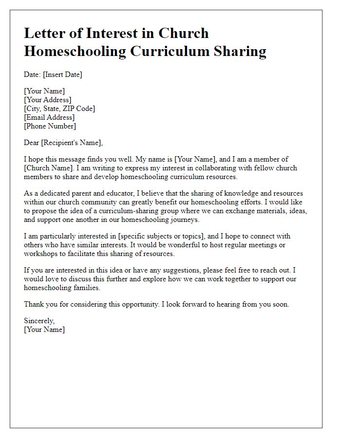 Letter template of interest in church homeschooling curriculum sharing.