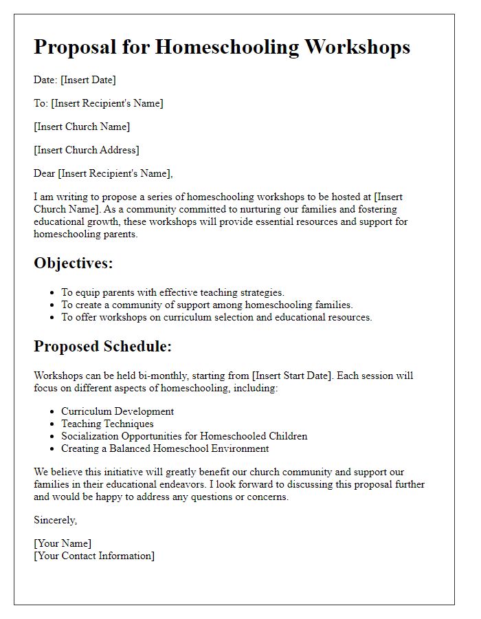 Letter template of proposal for church homeschooling workshops.