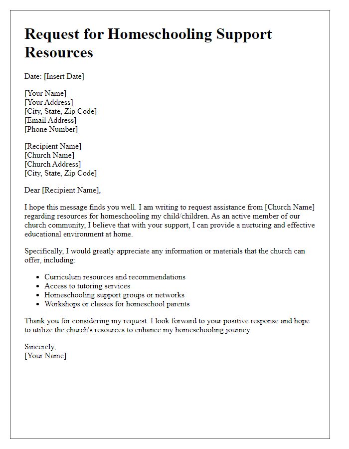 Letter template of request for church homeschooling support resources.