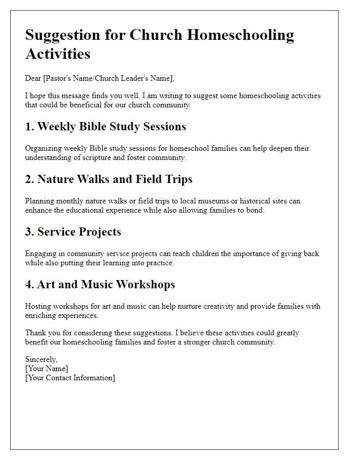 Letter template of suggestion for church homeschooling activities.