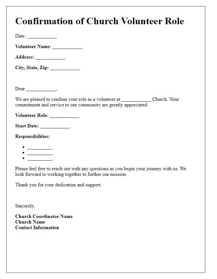 Letter template of confirmation of church volunteer role