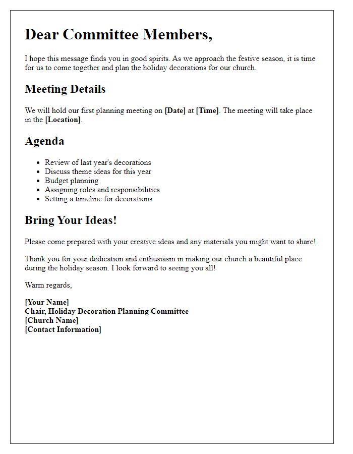 Letter template of church holiday decoration planning committee.