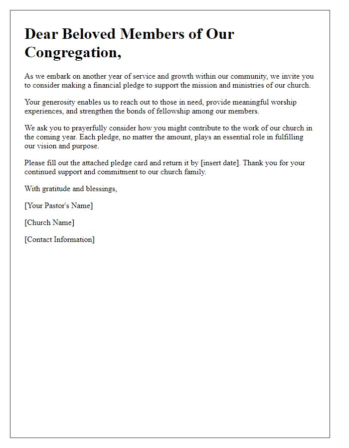 Letter template of church financial pledge invitation for congregation members