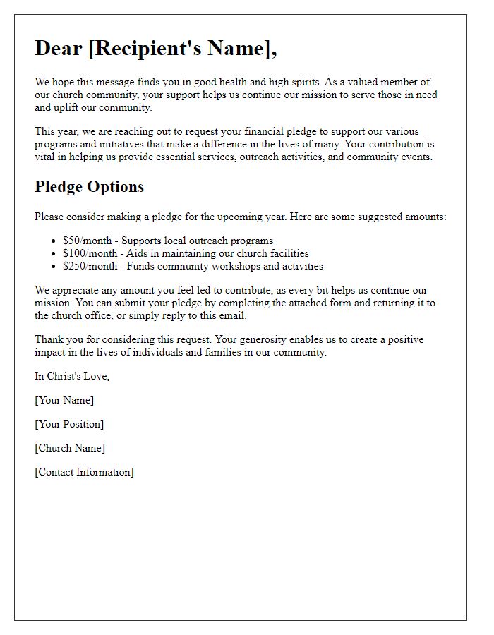 Letter template of church financial pledge request for community support