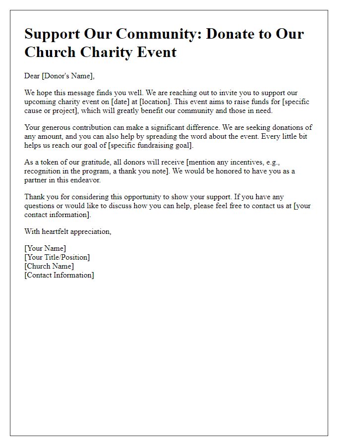 Letter template of appeal for donations for church charity event.