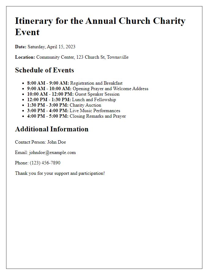 Letter template of itinerary for church charity event.