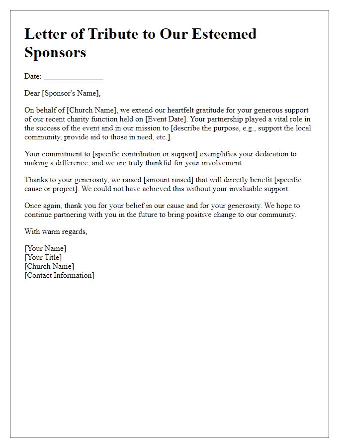 Letter template of tribute to sponsors for church charity function.