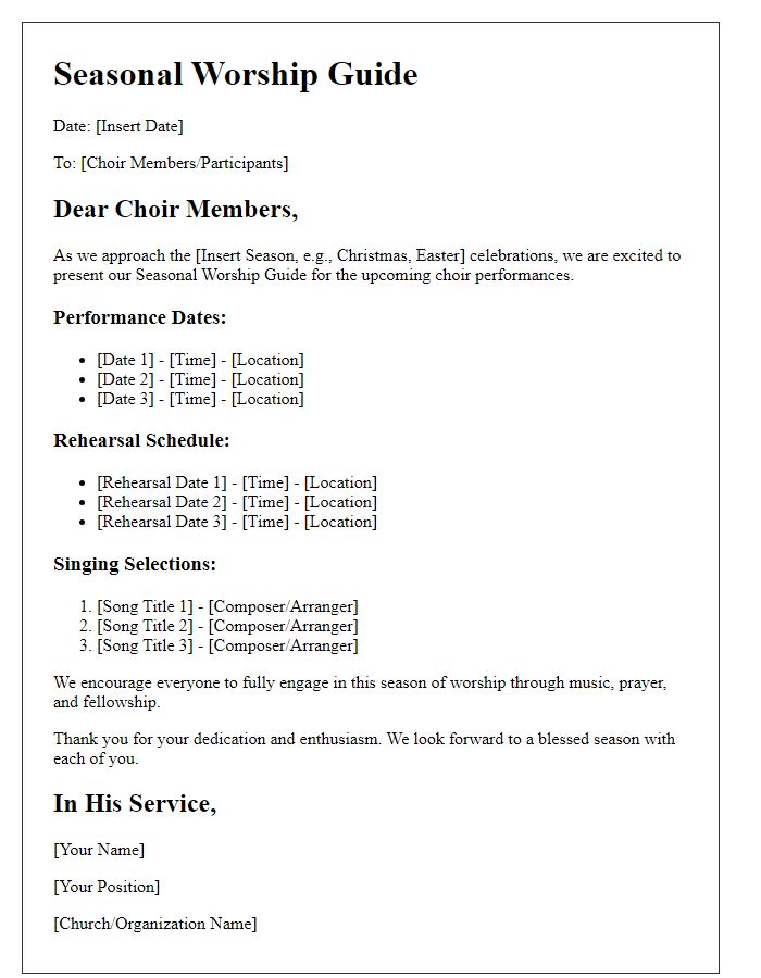 Letter template of seasonal worship guide for choir performances