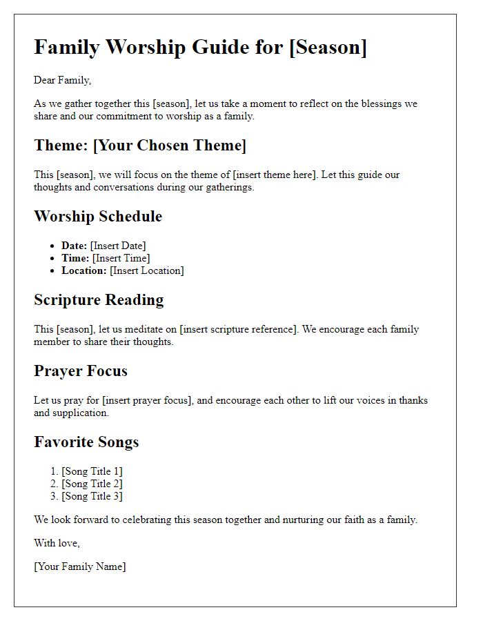 Letter template of seasonal worship guide for family gatherings