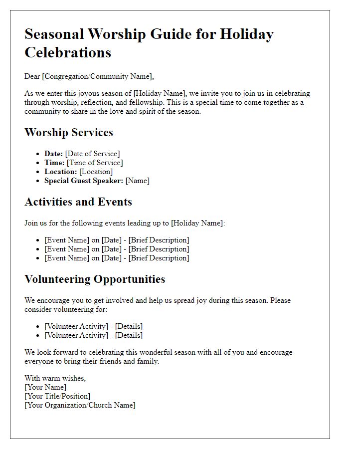 Letter template of seasonal worship guide for holiday celebrations