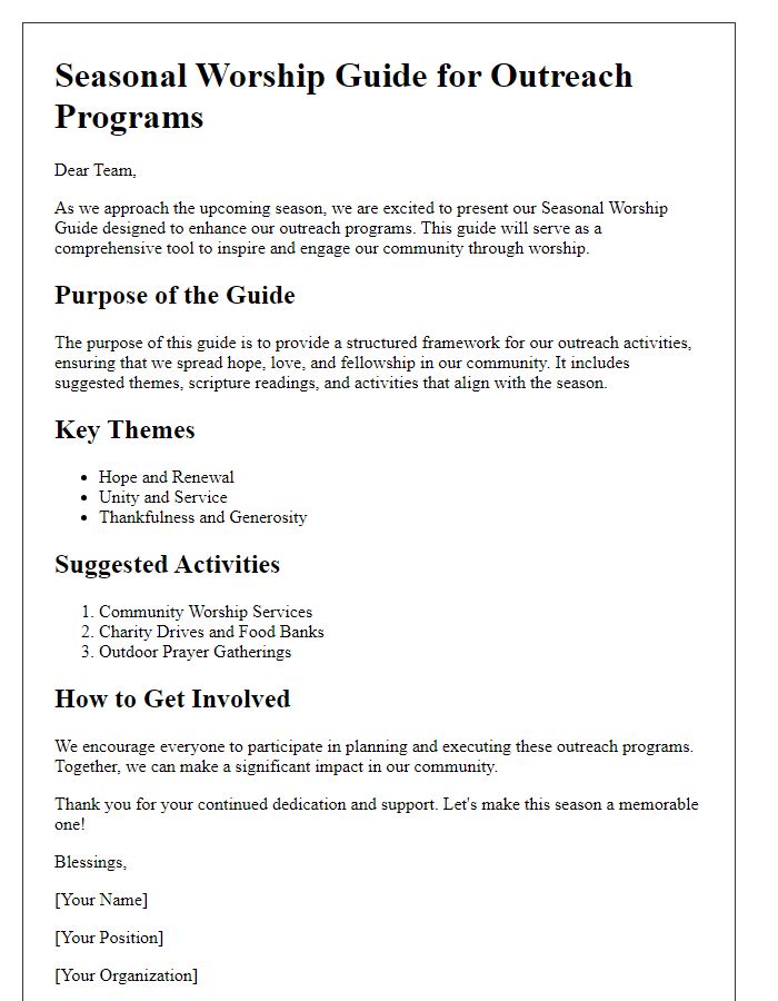 Letter template of seasonal worship guide for outreach programs