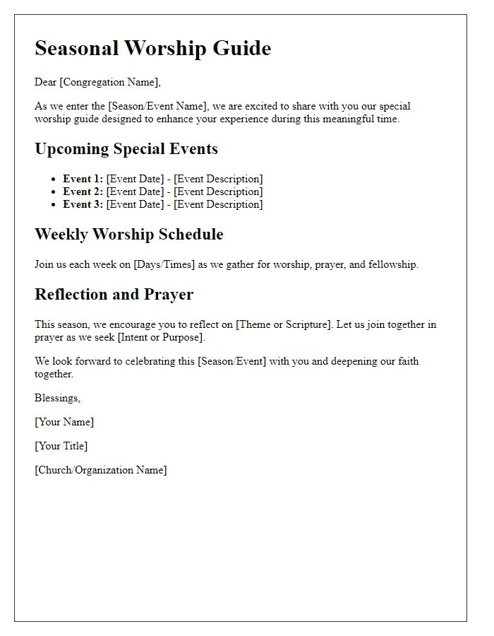 Letter template of seasonal worship guide for special events