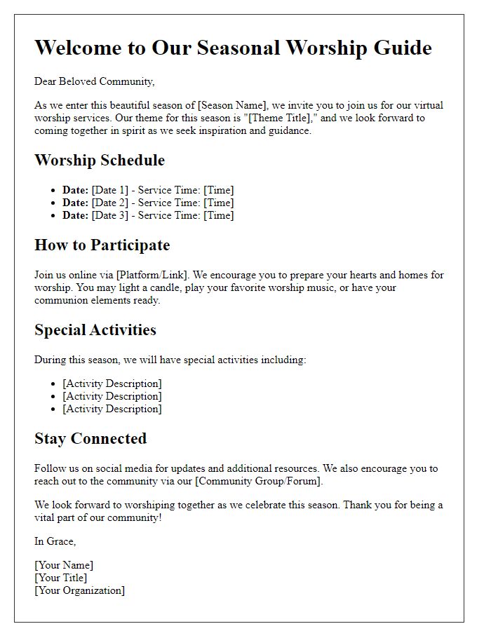 Letter template of seasonal worship guide for virtual worship services