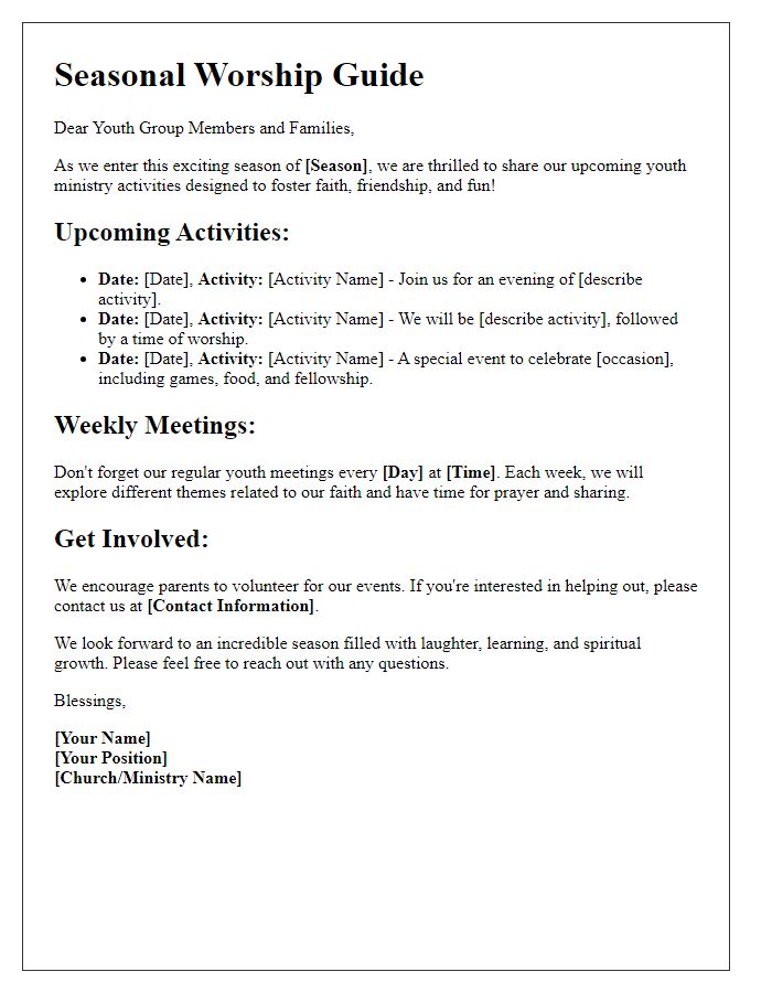 Letter template of seasonal worship guide for youth ministry activities