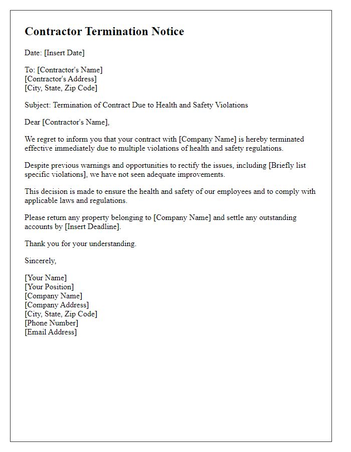 Letter template of contractor termination notice for health and safety violations