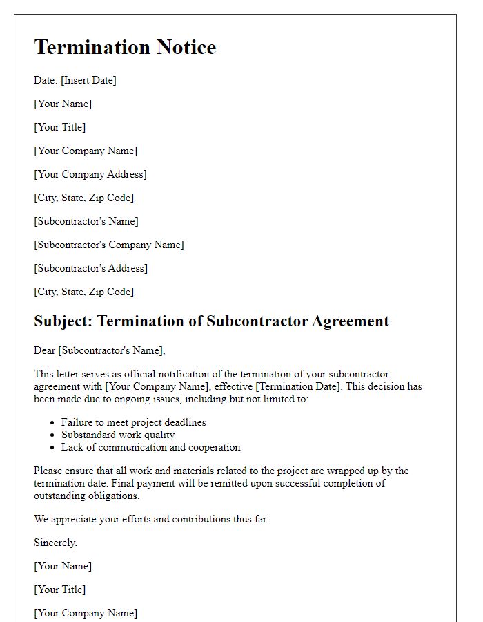 Letter template of contractor termination notice for subcontractor issues