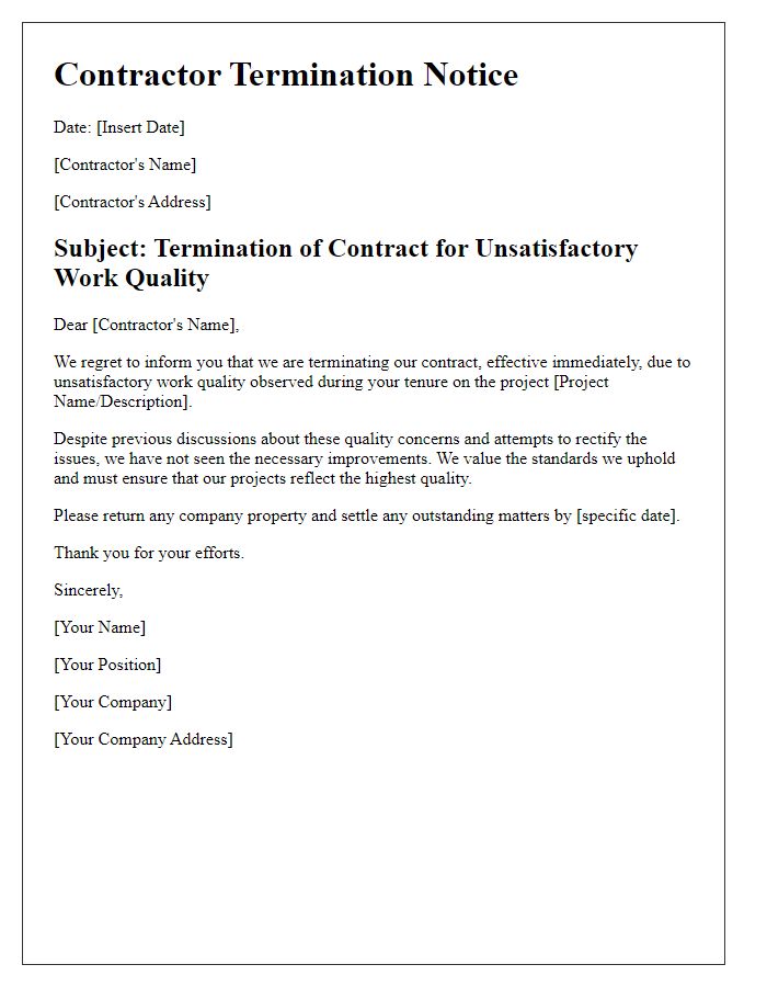 Letter template of contractor termination notice for unsatisfactory work quality