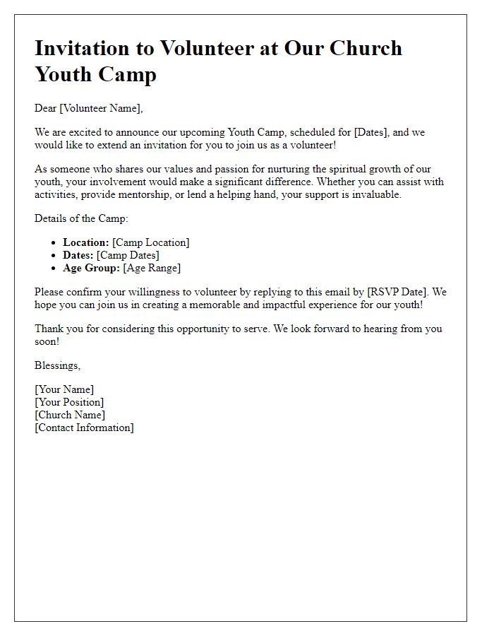 Letter template of adult volunteer invitation for church youth camp.