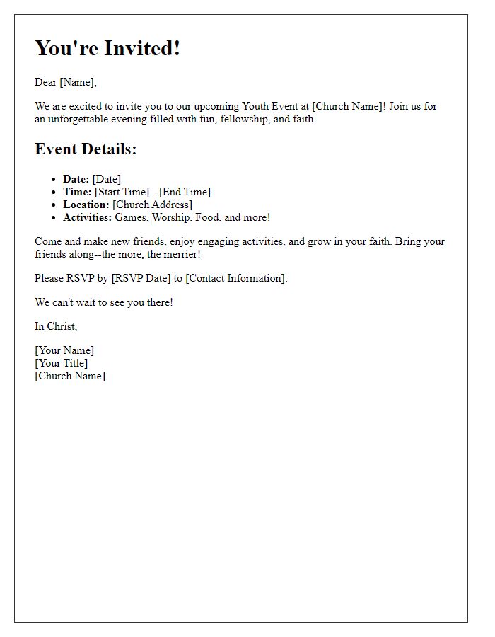 Letter template of church youth event invitation for teens and young adults.