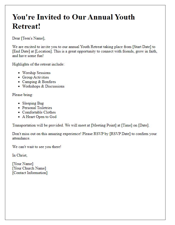 Letter template of church youth retreat invitation for teens.