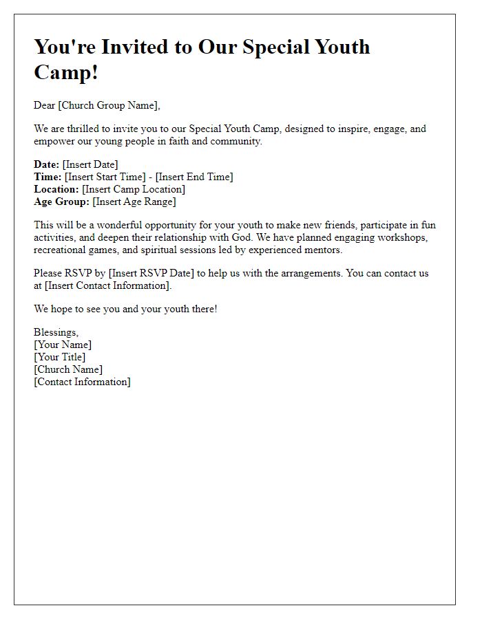 Letter template of special youth camp invitation for church groups.