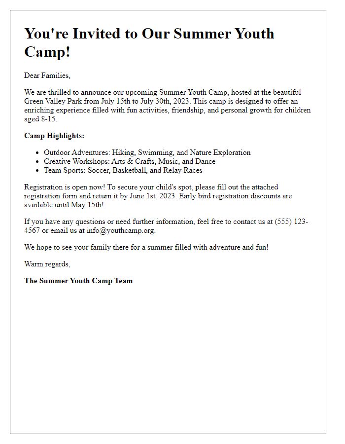 Letter template of summer youth camp invitation for families.