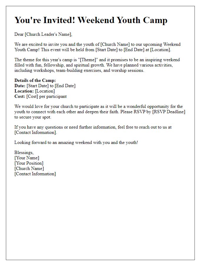 Letter template of weekend youth camp invitation for church leaders.