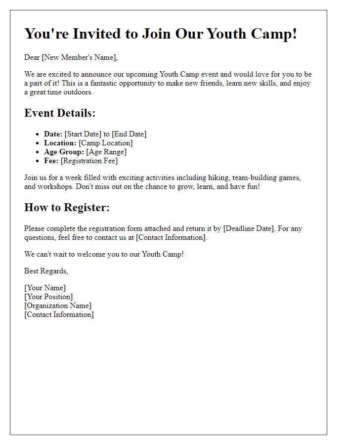 Letter template of youth camp information invitation for new members.