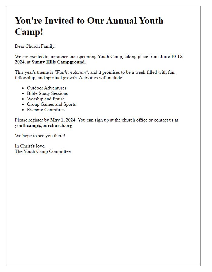 Letter template of youth camp invitation for church members.