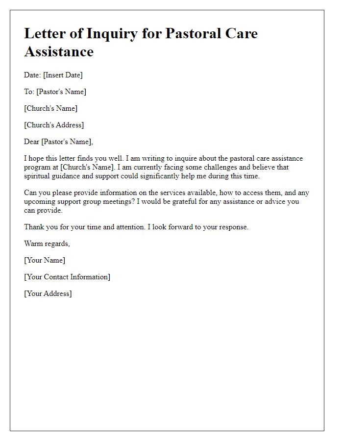 Letter template of church pastoral care assistance inquiry