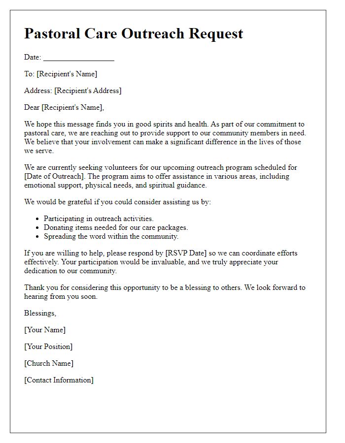 Letter template of church pastoral care outreach request