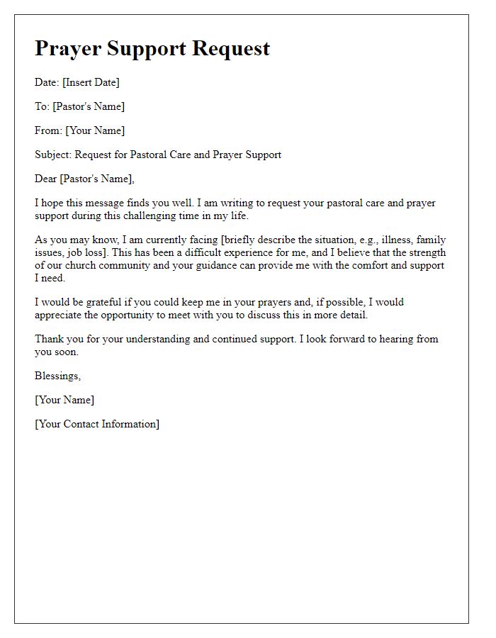 Letter template of church pastoral care prayer support request